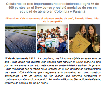 veteranacentro2's tweet photo. #Celsia | Celsia recibe tres importantes reconocimientos: logró 86 de 100 puntos en el Dow Jones y recibió medallas de oro en equidad de género en Colombia y Panamá. “Literal: en Celsia cerramos el año con broche de oro”, Ricardo Sierra, líder de la compañía https://t.co/BHn8HVAla8