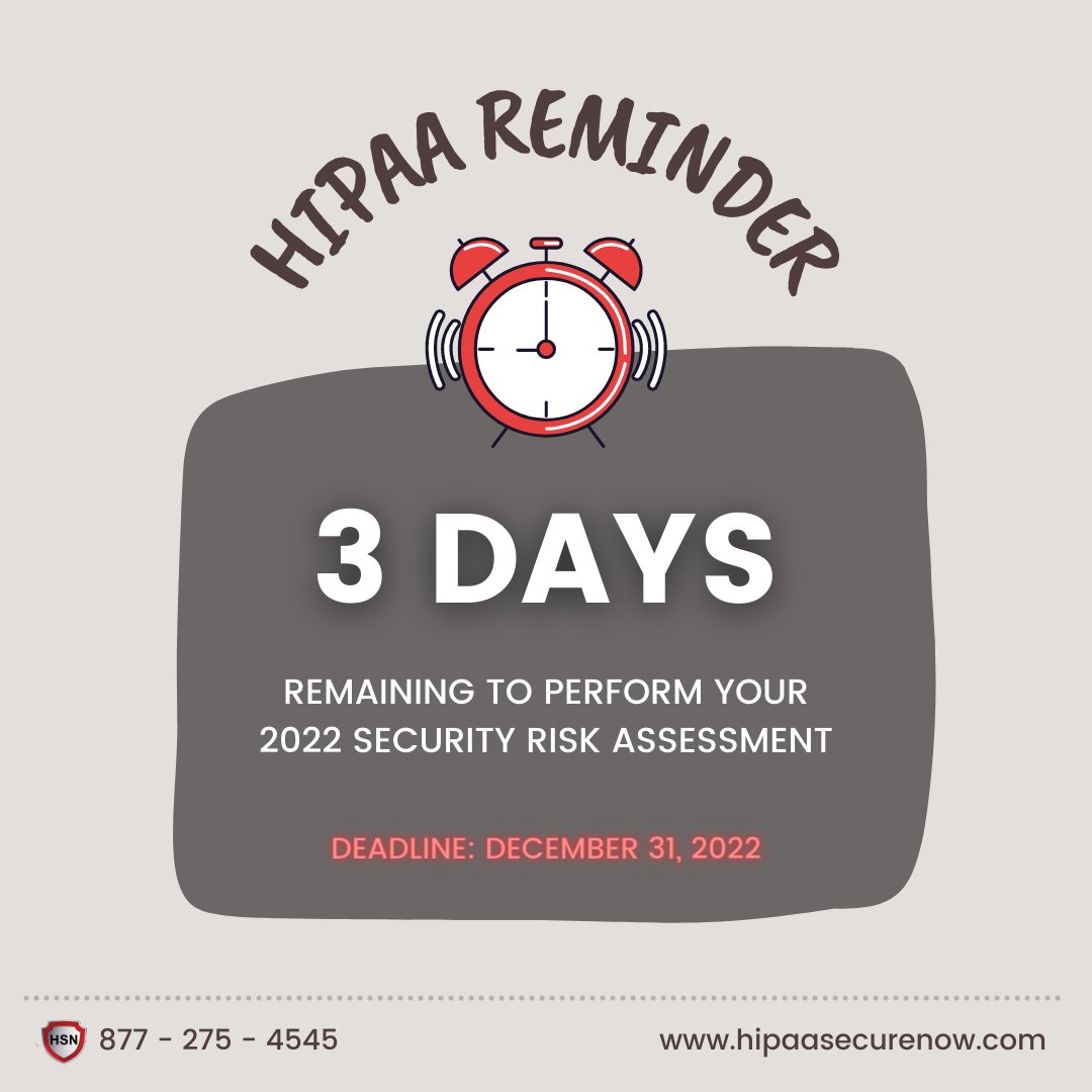 This is the final call for the 2022 Security Risk Assessment!

You have 3 days left to complete your SRA or risk falling out of HIPAA compliance per the Security Rule.

To learn more about the Security Rule or how to complete your SRA reach out to us at ow.ly/3Epr50MeWse