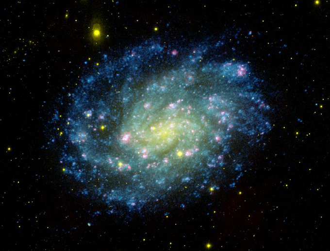 Image of a spiral galaxy with spiral arms dotted with blue stars of varying intensity. The core of the galaxy is brightest and that's where the stars appear yellow-green. The image was taken by the Galaxy Evolution Explorer satellite, or GALEX. Credit: NASA/JPL-Caltech