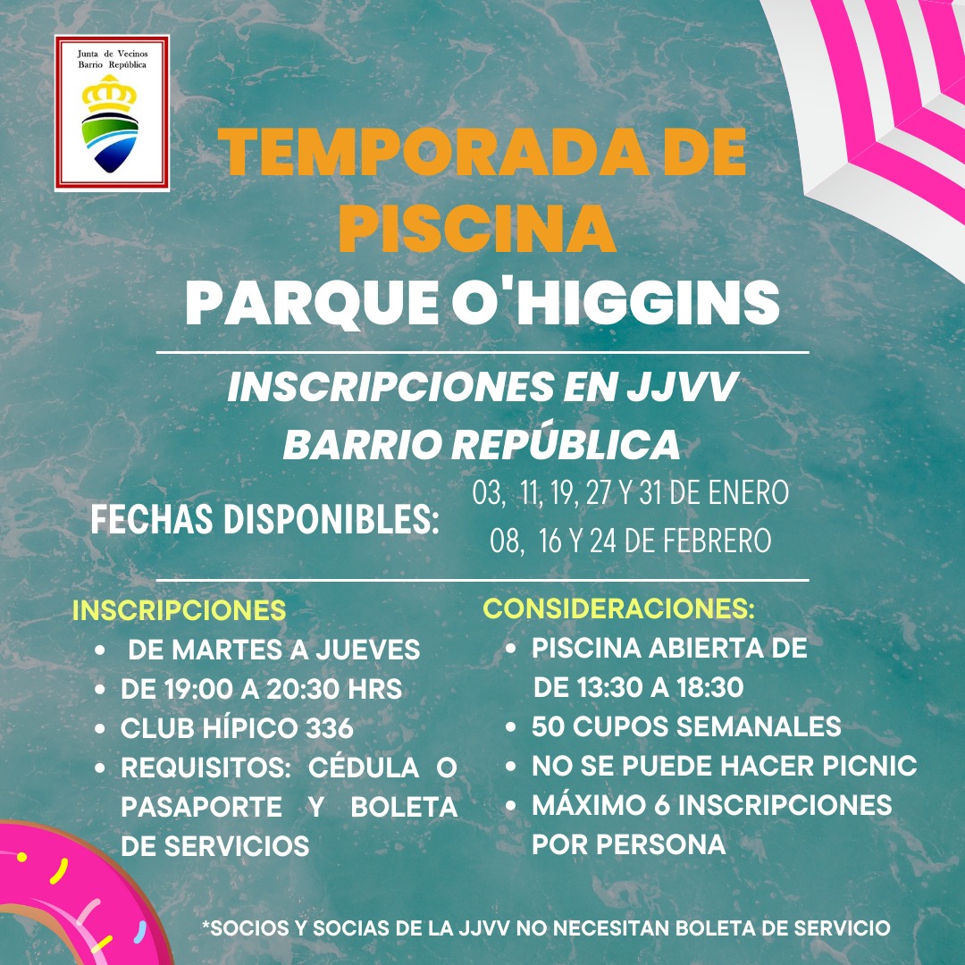 Atención vecinos y vecinas del #barriorepublica! Se inicia temporada de verano en la piscina del parque O'Higgins.