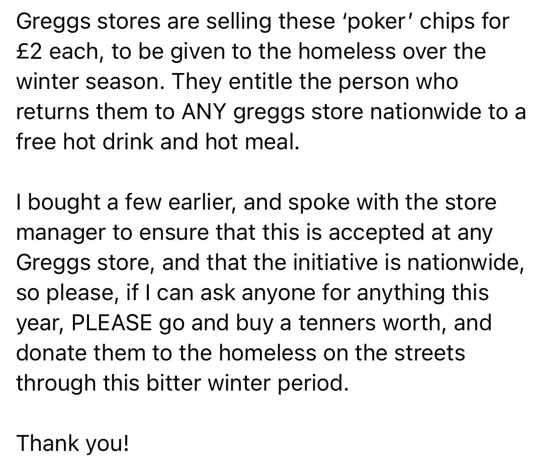 What an incredible initiative from <a href="/GreggsOfficial/">Greggs</a> In times of retail hardship this is just so inspiring #retail #homeless #kindness #KindnessMatters #actofkindness #inspiration #community
