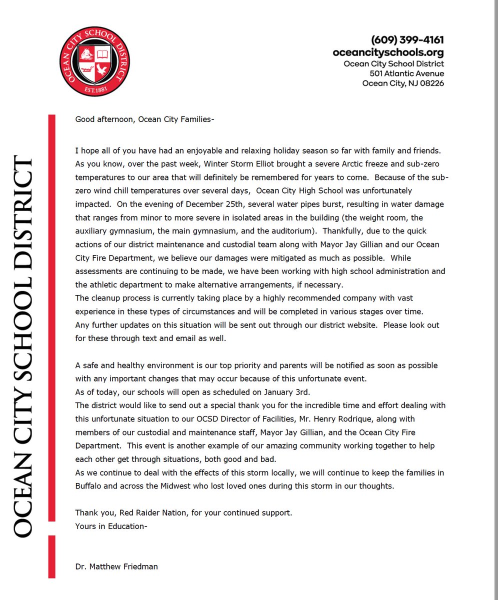 ocprimaryschool's tweet photo. Attention OCSD Families. Please see this important update from Dr. Friedman regarding the status of the OCHS water damage that happened last week. https://t.co/e1lpk8e8j8