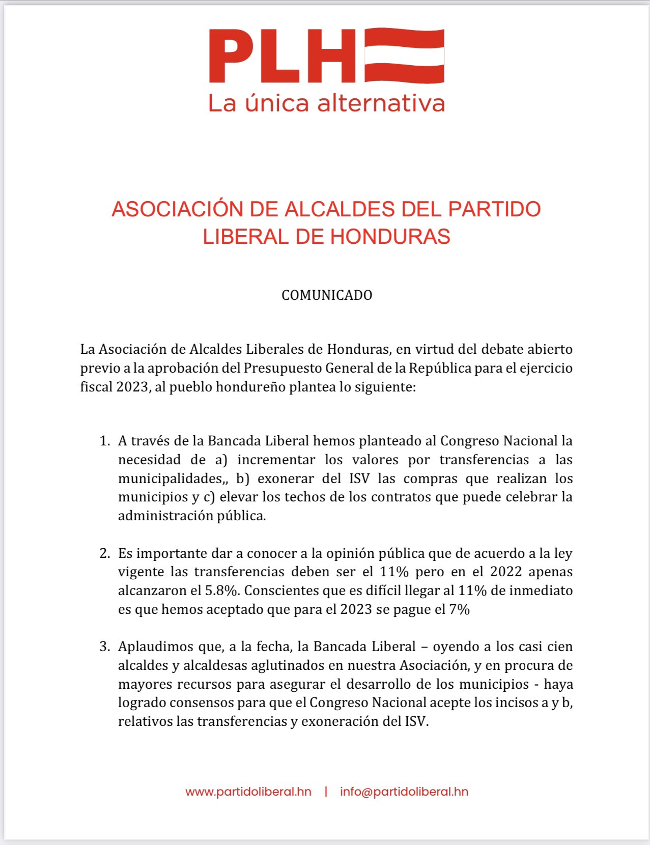 Comunicado del Partido Liberal. 