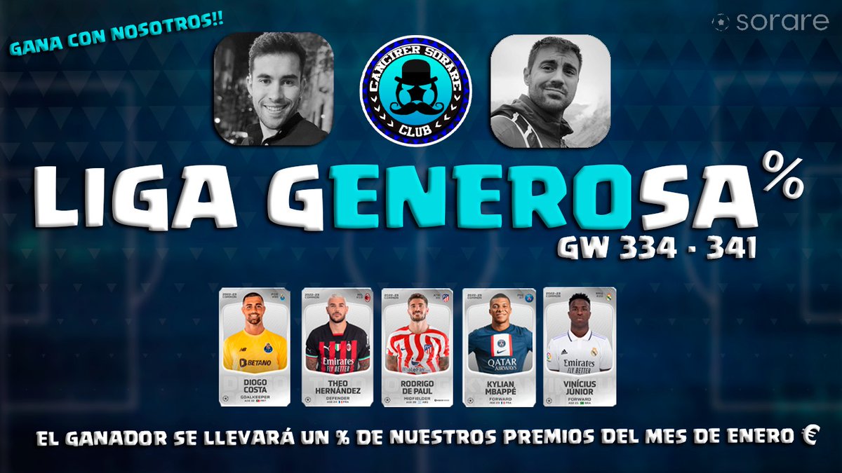 ¡LLEGA LA LIGA GENEROSA!

⬇️ Únete 🔽
sorare.com/invite/pl/QATP…

📜 Requisitos:

-Like y RT🔄
-Seguir: <a href="/cancirer/">Sebas Cirer</a> y <a href="/NachoHeras/">Nacho Heras</a>
-Seguir: twitch.tv/cancirer
-Suscribirse: YouTube.com/c/cancirer

Cada 50 RT = 1% de los premios que ganemos en ENERO al 1° clasificado🥇

#Sorare