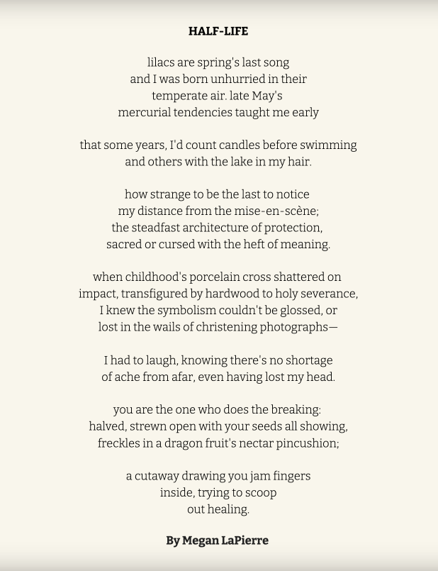 and thanks to my beloved <a href="/witches_mag/">Witches Mag</a> for always finding a home for some of my ~non-work~ work: my poem "half-life" was included in their sixth issue this fall. endlessly grateful to have met the luminary <a href="/jacgrifff/">Jaclyn</a> on swiftie tumblr in the days of yore issuu.com/witchesmag/doc…