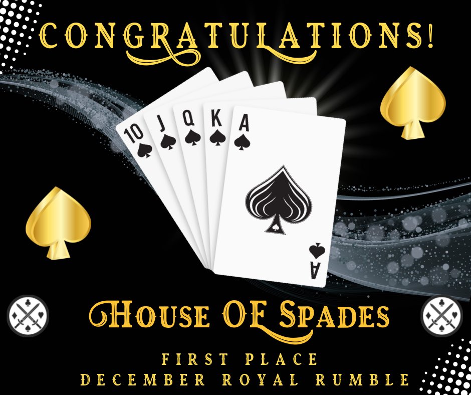 RoyalSocietyOP's tweet photo. ♠️Congratulations Team Spades♠️
Congrats to the House of Spades on winning the December #RoyalRumble 🏆🎉
Our #CompetitiveStaking mechanic means that every month, staking community members are assigned a House Team (♥️♠️♦️♣️) and compete for $ROYAL/#RLP + #RSOP dominance!👑 x 1 https://t.co/tC4SvX981O