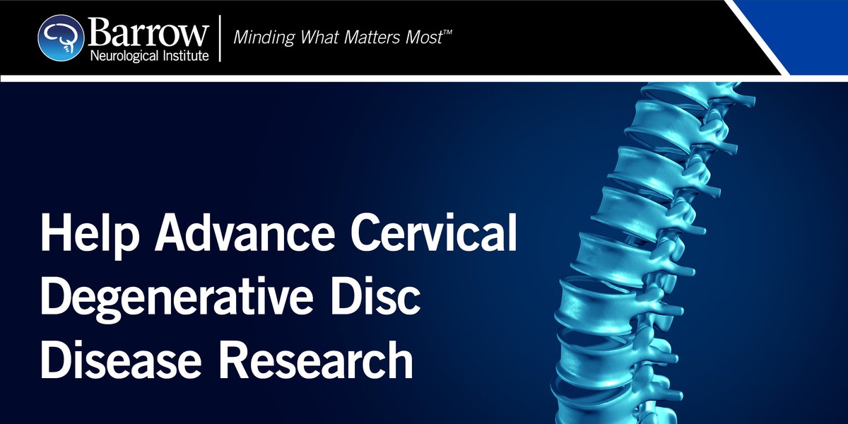 BarrowNeuro's tweet photo. Barrow is enrolling volunteers in a research study for cervical degenerative disc disease (DDD). Learn more: https://t.co/8NII04fwjF

#clinicaltrial #cervicaldegenerativediscdisease #cervicaldisc #spinesurgery https://t.co/gu4aW6Wb7Y