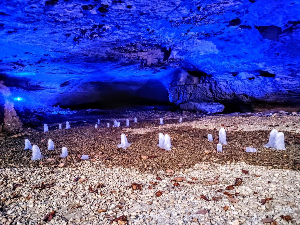 Have you ever seen an ice stalagmite? Well now you have! These interesting icicles look like they're growing out of the ground, when really they're formed when condensation from above drips down to create an icicle. See who's headed underground next at TheCaverns.com