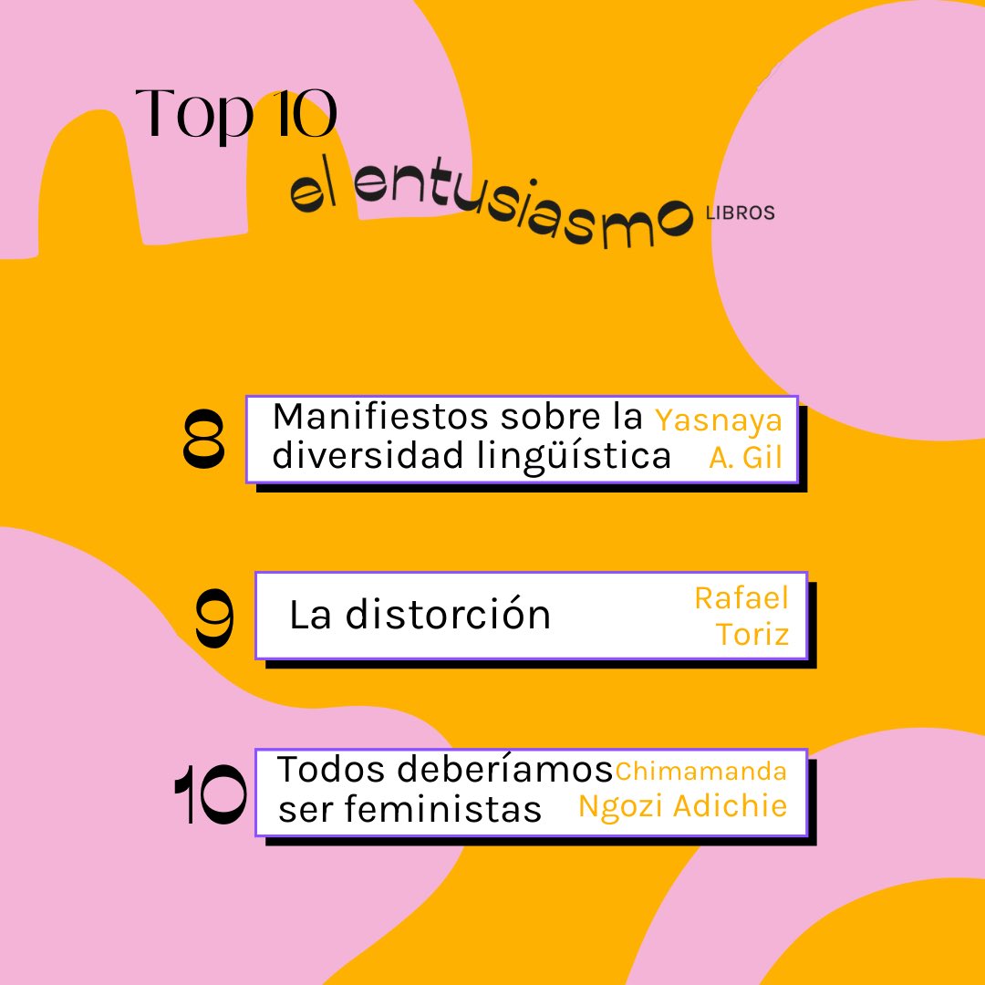 Con mucha alegría les compartimos el #Top10 de libros más vendidos en El Entusiasmo en 2022 (cinco meses de vida).

Es una lista que nos emociona mucho, gracias a todes por ayudarnos a conformarla.

#Xalapa #Libros