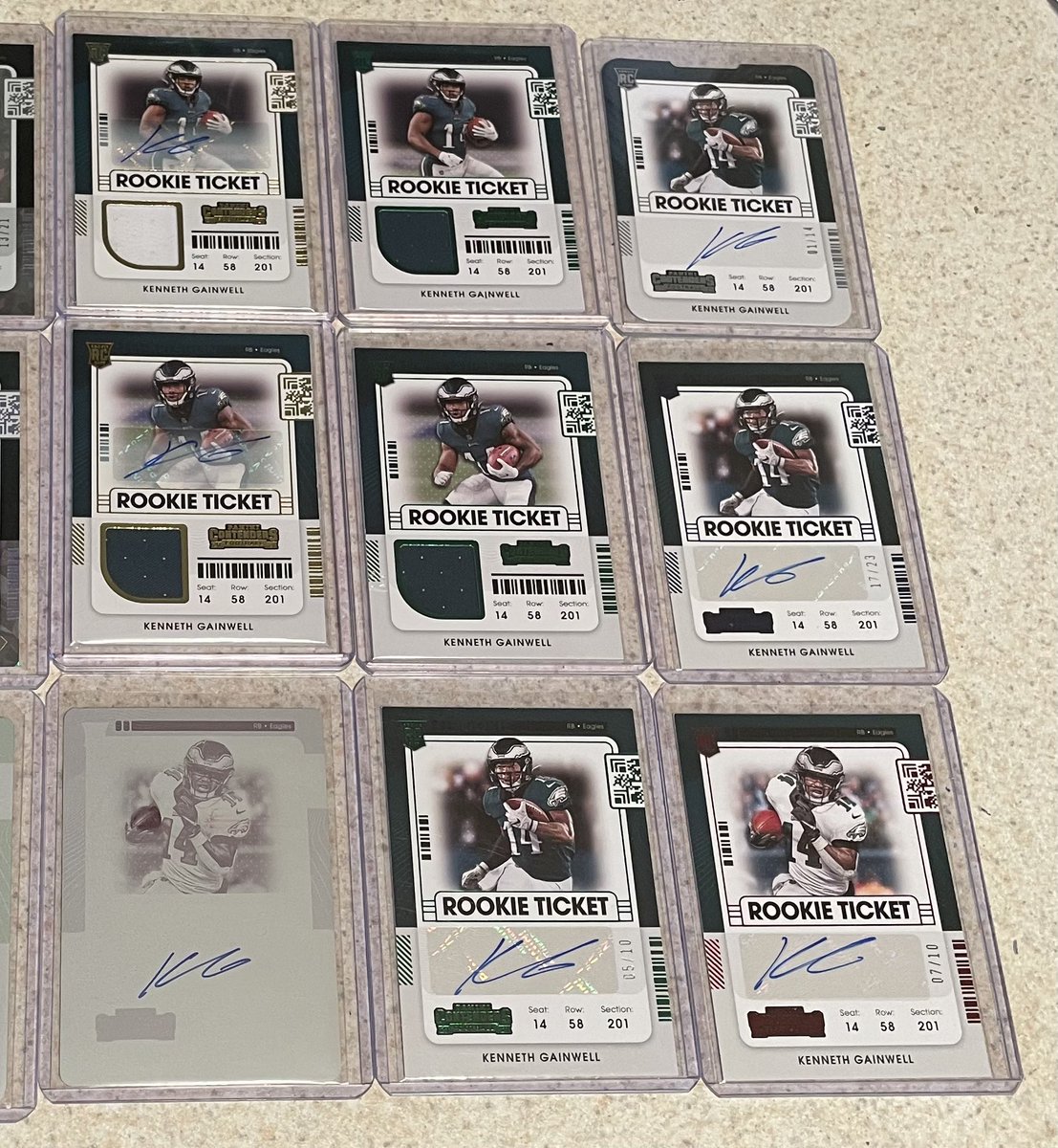 TJ_Hester_'s tweet photo. A @KENNETHGAINWEL Rookie Ticket update: in the past 6 months, I’ve been able to bring the collection from 28 to 33 unique cards. Missing the 6 other printing plates, the 1/1s, a die cut, a few Playoff preview colors, and a Fanatics exclusive rookie of the year, but I love this PC https://t.co/Kfnc4nbEi4