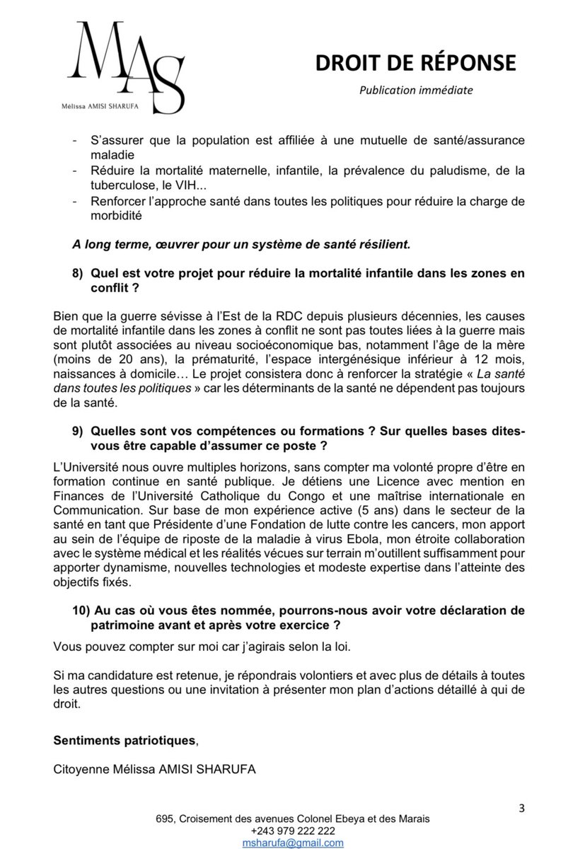 Bonjour Monsieur Molisho,

Me prêtant à l'exercice du jury virtuel, je vous prie de trouver les réponses aux questions posées en ce jour. 
<a href="/Presidence_RDC/">Présidence RDC 🇨🇩</a> <a href="/cabinetmbungani/">Docteur Mbungani Mbanda</a> <a href="/PrimatureRDC/">Primature de la République Démocratique du Congo</a> <a href="/KahashaNathalie/">Nathalie KAHASHA NABINTU NZUZI</a> <a href="/TonyTonymwamba1/">Tony Mwamba</a> <a href="/AlbertTcheta/">Tcheta-Bampa Albert</a> <a href="/7sur7_cd/">7SUR7.CD</a>