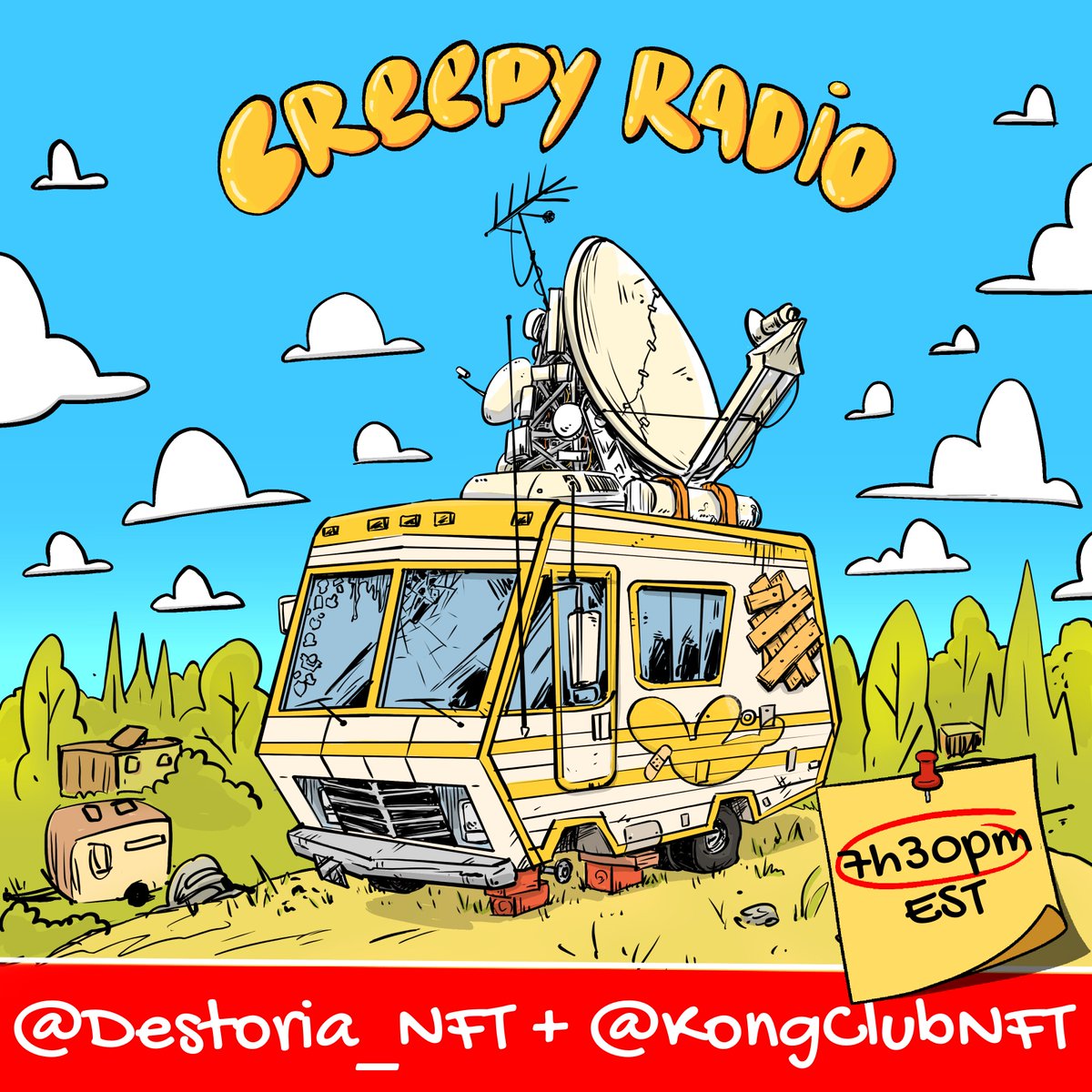 CreepyWorldPark's tweet image. And 🚨It’s Tonight!!  

📻Creepy Radio with @Destoria_NFT and @KongClubNFT 🕹️🦍

+ some:
🎁Giveaway to celebrate (to those at Space)

Set your reminders!! 
--------------------------------------------
Don’t miss it, starts @ 7:30pm EST 👇