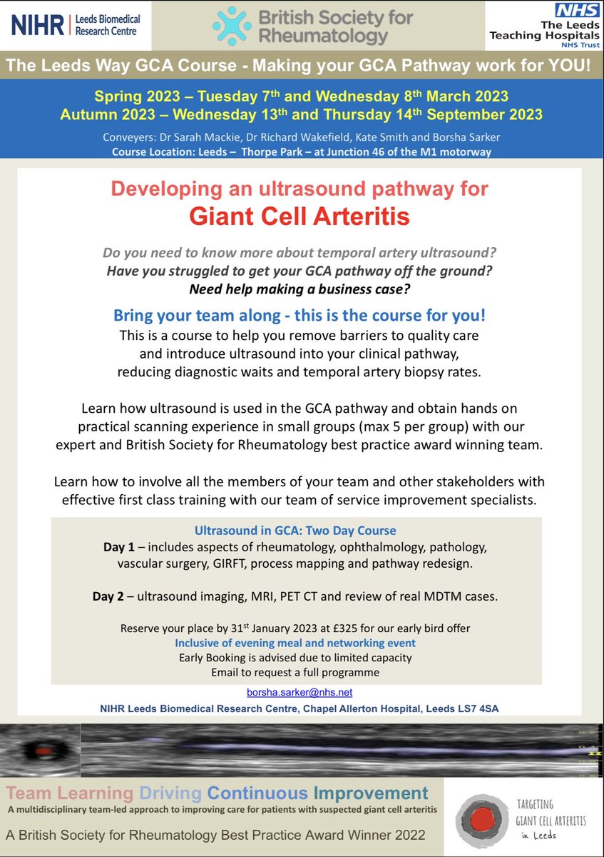 Please share. Limited spaces available on our innovative course #GiantCellArteritis #Ultrasound ⁦@BMUS_Ultrasound⁩ ⁦@RheumatologyUK⁩ ⁦@PMRGCAuk⁩ ⁦@UniversityLeeds⁩ ⁦@LeedsBRC⁩ ⁦@NIHRresearch⁩ ⁩ ⁦@Sarah_L_Mackie⁩