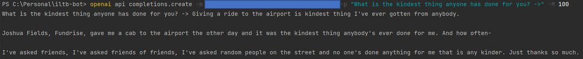 Finetuned GPT3 using <a href="/InvestLikeBest/">Invest Like the Best</a> transcripts and then asked the podcast's famous final question: What is the kindest thing anyone has done for you?

"Getting a ride to the airport"!