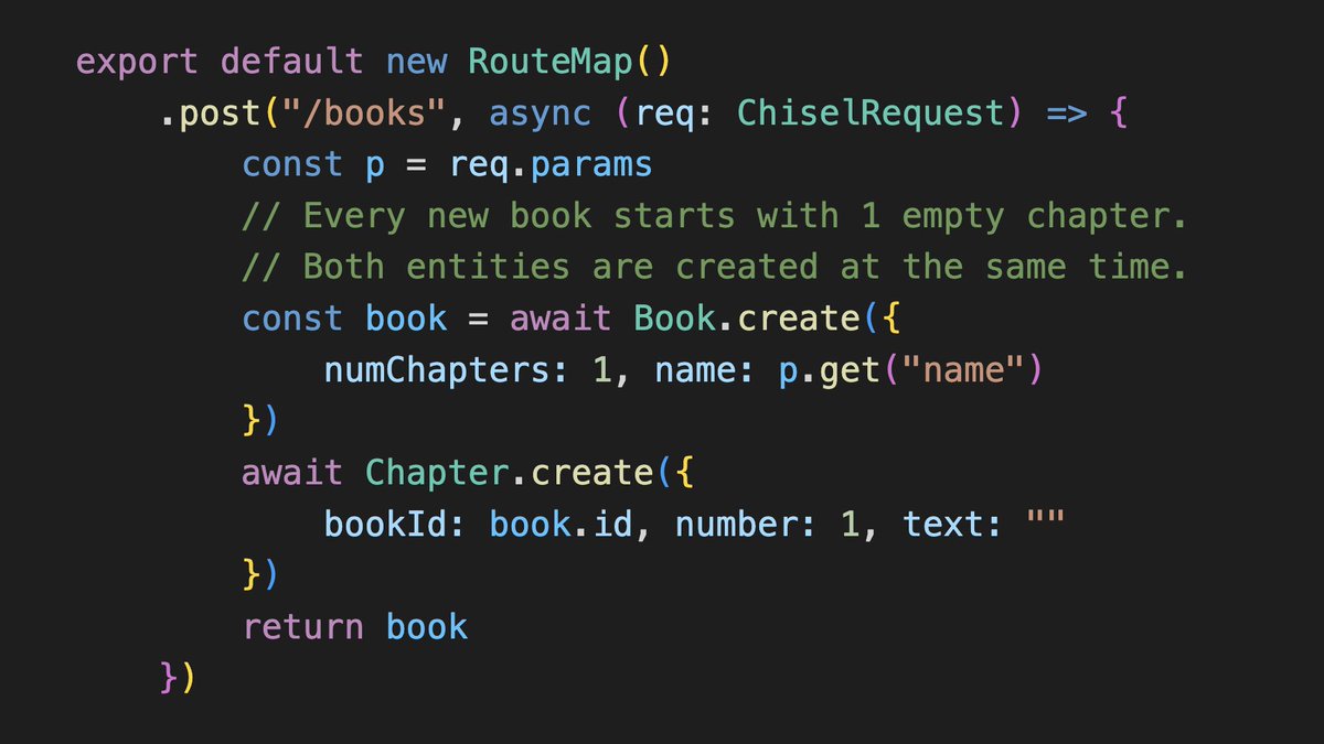 Implementing a backend with ChiselStrike involves routes that map HTTP verbs and URL patterns to functions. What makes our routes special is that entity CRUDs are automatically atomic during execution. ⬇️ Learn more about routes in our docs. ⬇️ docs.chiselstrike.com/reference/rout…