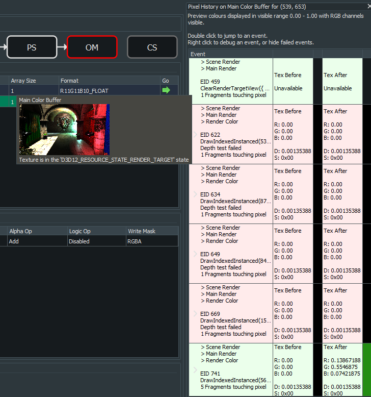 Over the holiday break I've been tinkering with <a href="/RenderDoc/">RenderDoc</a>, trying to add D3D12 pixel history support. It's fun to see it starting to come together, though there's a lot still to test and fix. 😅