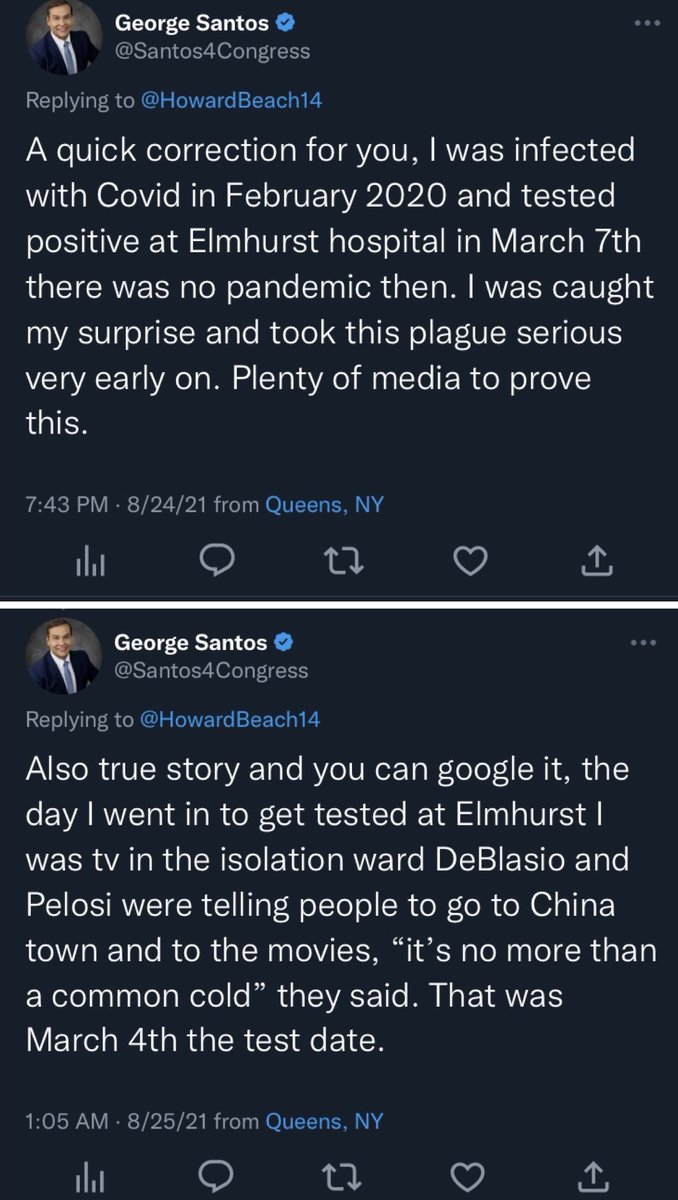 ddiamond's tweet photo. In interviews and tweets, Santos also repeatedly revised the date he tested positive. Initially he said he went to Elmhurst Hospital on March 11. Later it became March 7 or even March 4.

For context: fewer than 500 Americans had tested positive for covid on March 7, 2020. https://t.co/sC7uF78EFV
