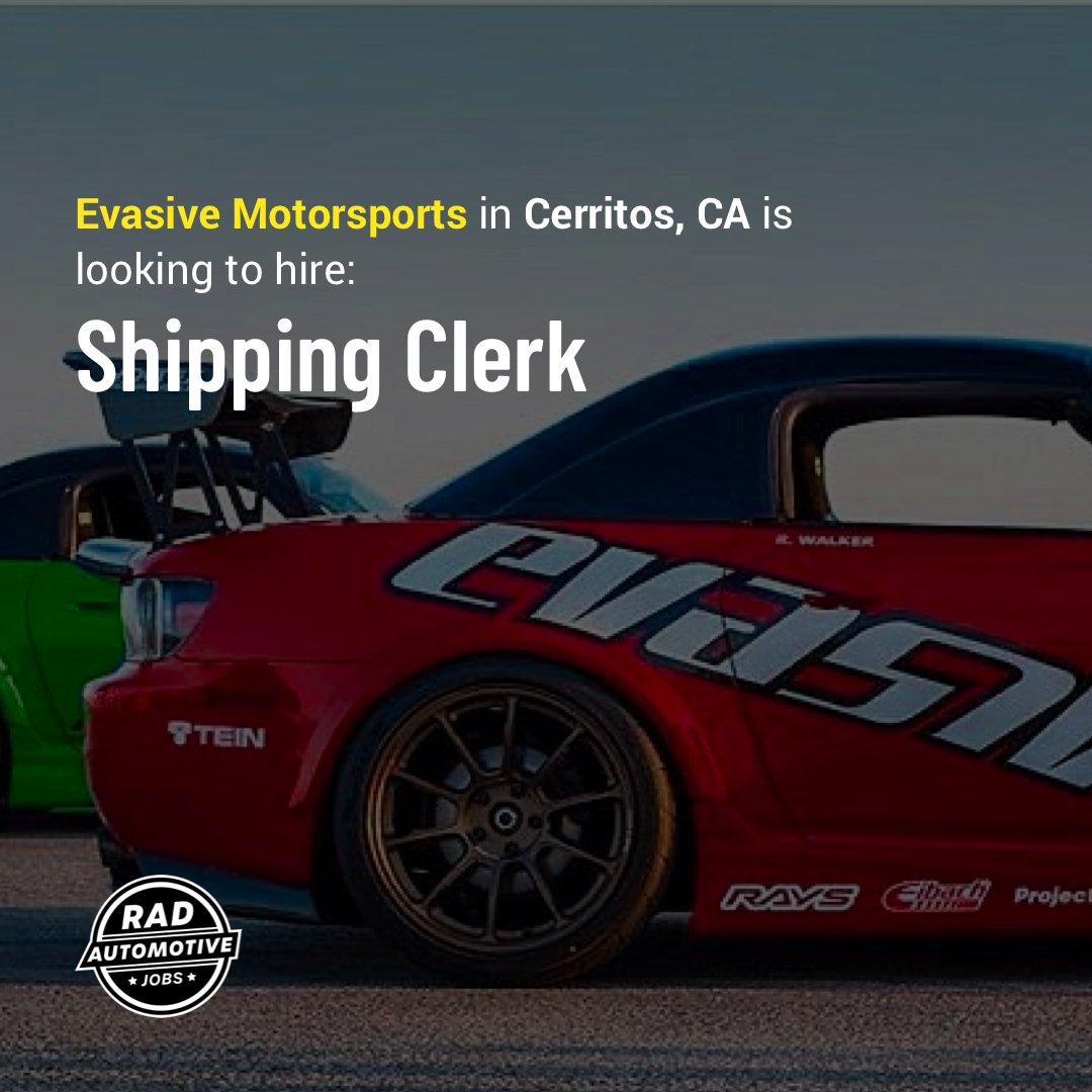 RadAutoJobs's tweet image. Evasive Motorsports in Cerritos, CA is looking to hire: Shipping Clerk

Apply for this job and see more Rad Automotive Jobs at radautomotivejobs.com

#evasivemotorsports #automotivejobs #performanceindustry #racingindustry #importperformance #gearheadjobs #racing #performance