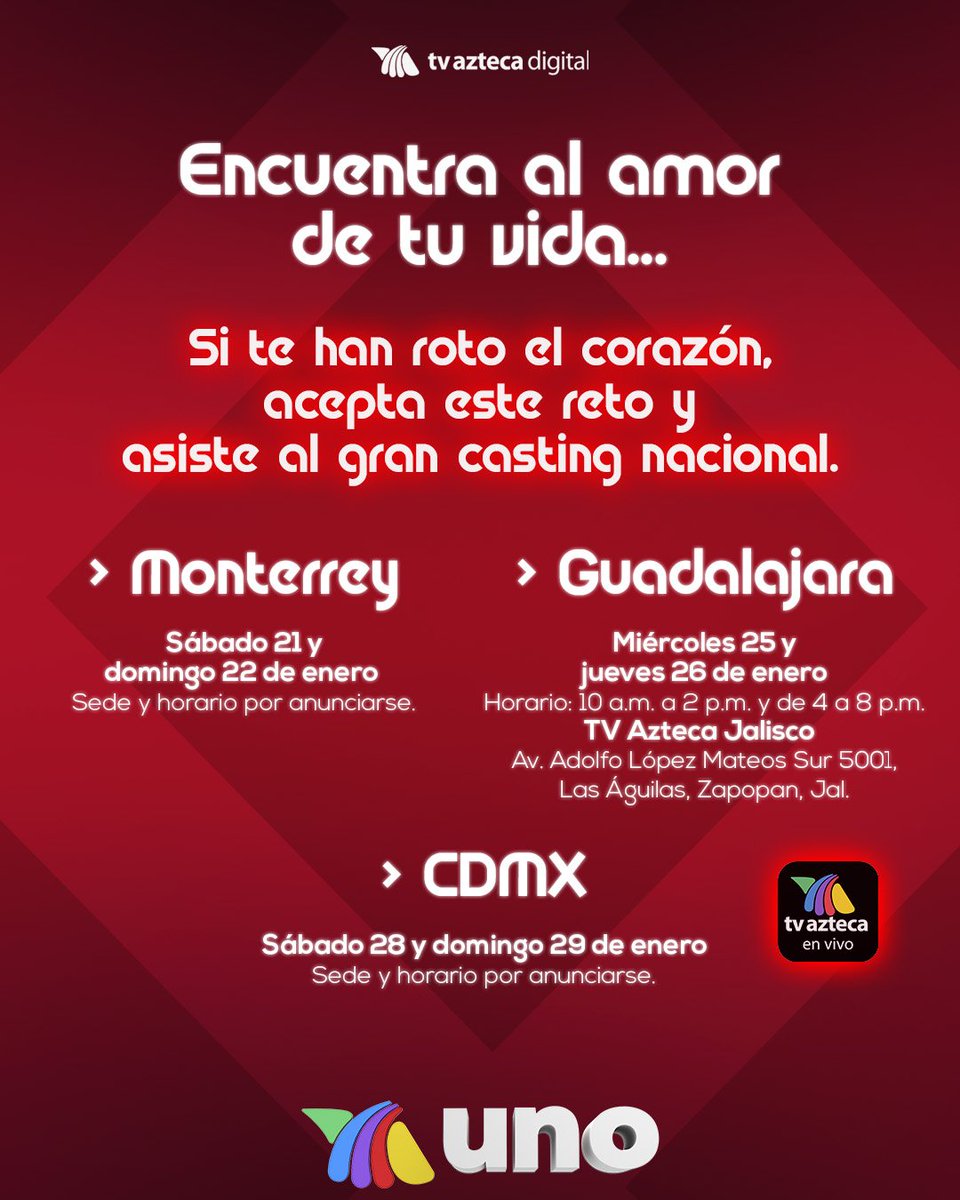 ¿Cansado de buscar el amor de tu vida y no encontrarlo? 🔎 ¡Llegó tu momento! ☄️Asiste al gran casting nacional y acepta el reto de encontrar a tu alma gemela. ❤️
bit.ly/3jsbHSt