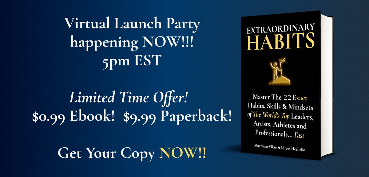 operamaariana's tweet photo. Please join us now on https://t.co/yCBKqR2QbV for our Launch Party! $0.99 for Ebook and $9.99 for paperback!

EXTRAORDINARY HABITS: Master The Exact Habits, Skills &amp; Mindsets of The World’s Top Leaders, Artists, Athletes and Professionals... Fast
https://t.co/EEEVYfOzWN https://t.co/X1OLigjjwl