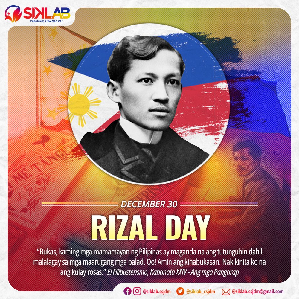 siklab_csjdm's tweet photo. Si Rizal ay hindi gumamit ng dahas upang ipaglaban ang ating kalayaan, bagkus ginamit niya ang talento upang buksan ang mata ng mga Pilipino. Nangangahulugan lamang na ang bawat isa ay may kaniya-kaniyang pamamaraan para ipaglaban at maipakita ang pagmamahal sa bayan. 

#SIKLAB https://t.co/bOzNCyQaSq