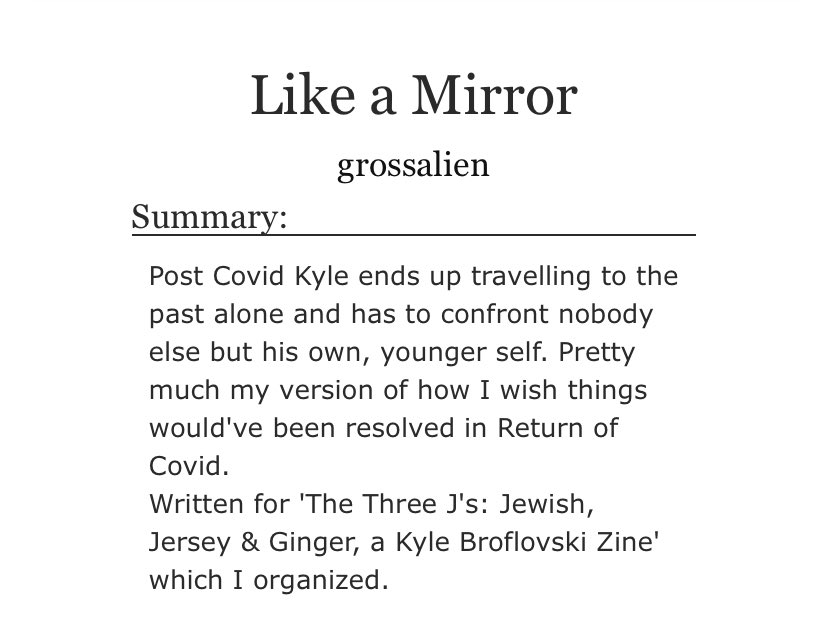 My last fic of the year is my entry for Kyle Zine! 💚
Thought I'd use this chance to write what I wanted to see from Kyle during the PC arc: character development. 
So here it is, child &amp; adult Kyle have a much-needed conversation about their lives.
Link: archiveofourown.org/works/43880053