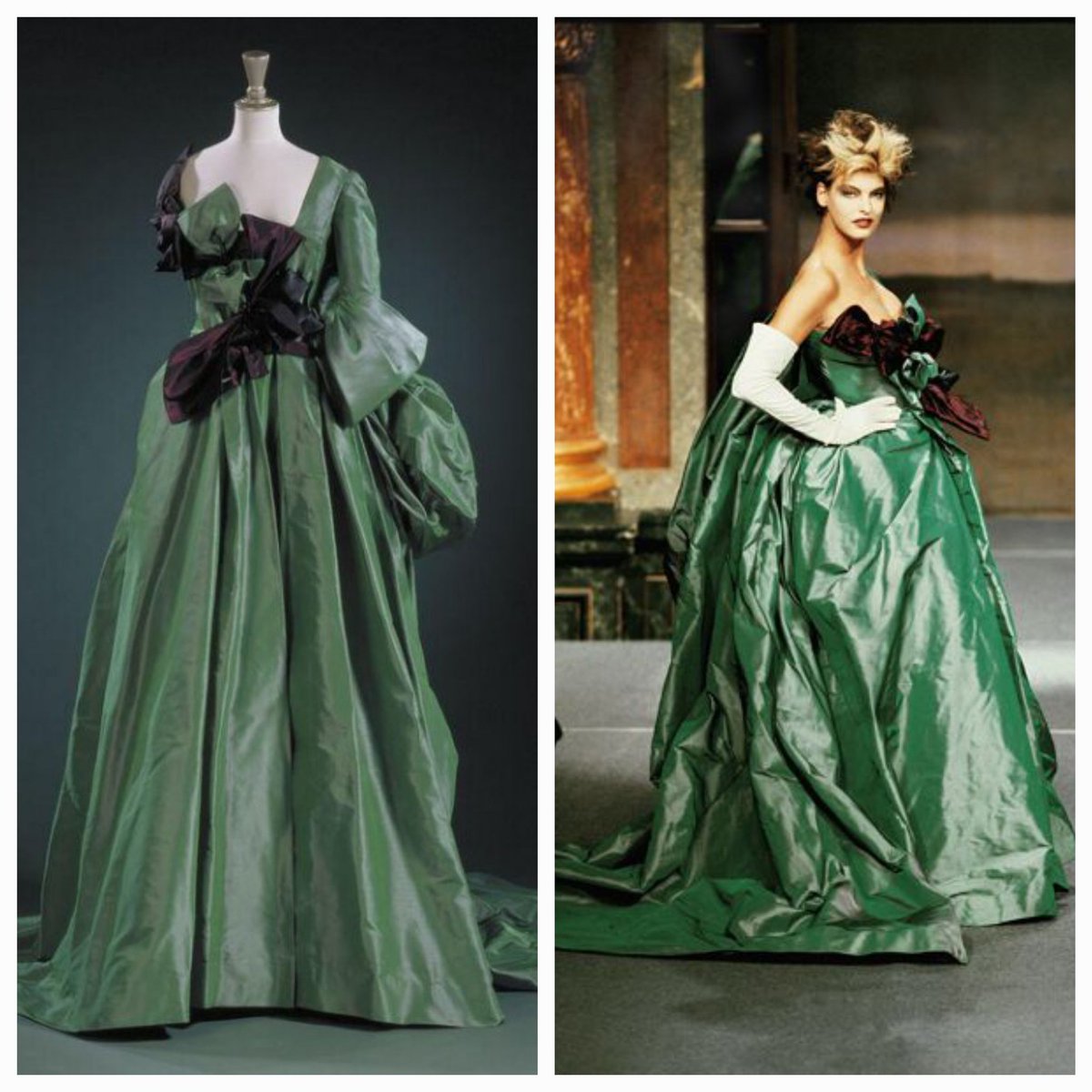 vickyhaddock's tweet photo. RIP Dame Vivienne Westwood. I have always admired the provocative and historical influences in Westwood's designs, such as her 1996 silk faille Watteau evening dress that looked at the construction of 18th C. sack dresses through a contemporary lens. @V_and_A #VivienneWestwood https://t.co/FgjmYNkjea