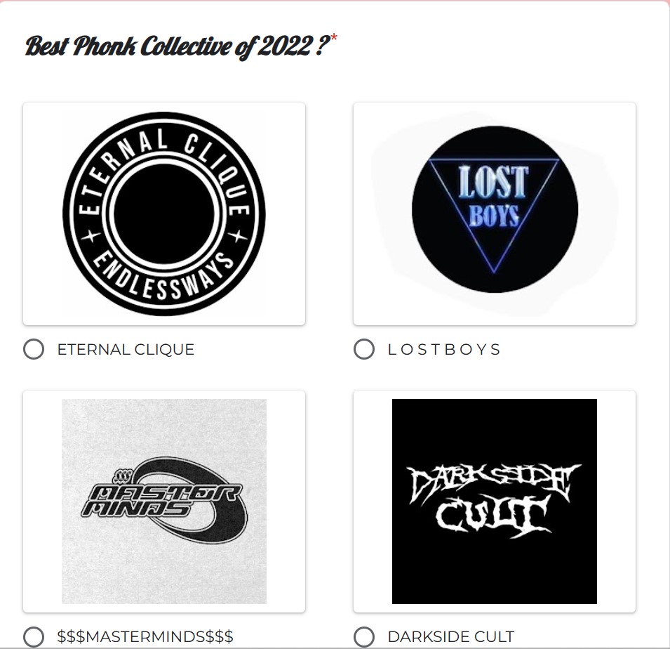 SadSoundcloud's tweet photo. 🏆 PHONK AWARDS #2 2022
🗳️ Vote here : https://t.co/4xydtogHbQ
Nominated in the category Best Phonk Collective of 2022 : 
@eternalclique 
L O S T B O Y S 
$$$MASTERMINDS$$$ 
@ALWAYSPROPERREC 
SINNER CIRCLE
ICEOUT CLICK 
@VolumeAtPhonk 
DAZED SQUAD 
CRIMSON CREW

#phonk https://t.co/iRIit6HjD2