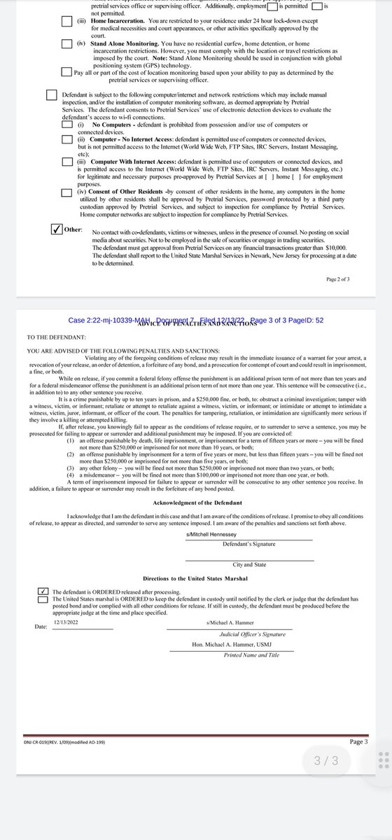 thetraderbabe's tweet photo. Official bond & release conditions documents on record for the arrest & release of Mitchell Hennessey in NJ @Hugh_Henne @PGIRPod #atlastrading #doj #pgir https://t.co/6LqGH6xnmw