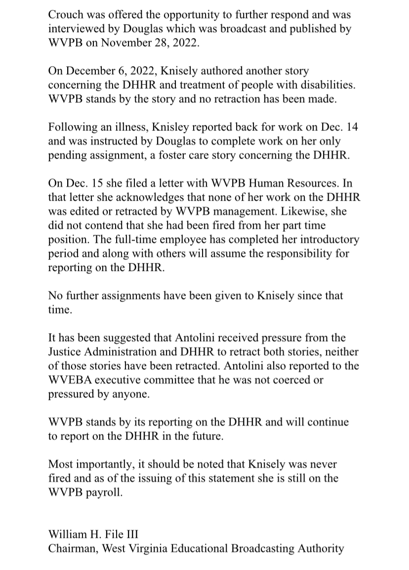 WV Educational Broadcasting Authority Chairman William File released a statement more than a day after my story where WVPB reporter Amelia Knisely alleged that she was let go for her reporting on DHHR.