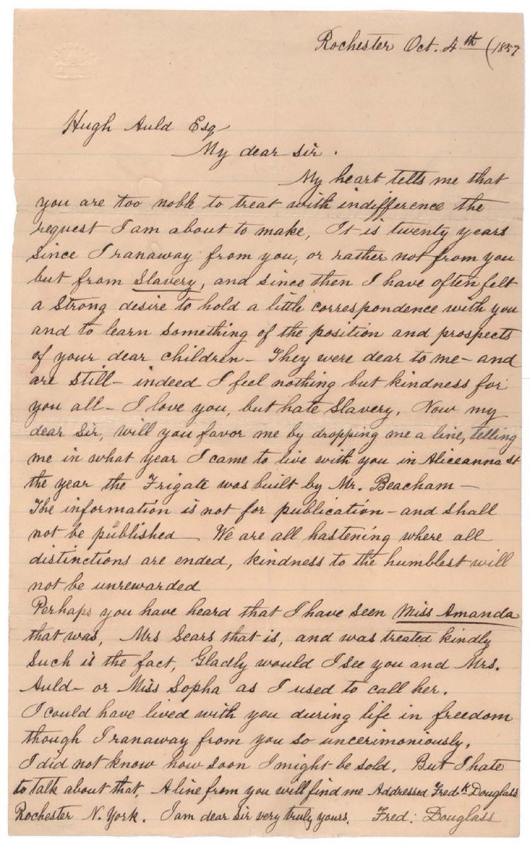 JeremyTate41's tweet image. A letter from Frederick Douglass to his former slave owner. Good luck reading it without crying! So powerful. And look at his penmanship. 

Write well, think well, speak well.