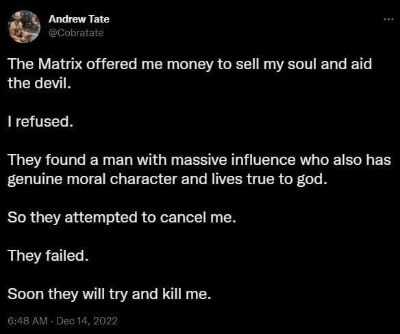 Red_Pill_Report's tweet photo. Andrew Tate a posté ça il y a deux semaines. 
Il vient d'être arrêté à son domicile en Roumanie. (Vidéo à la suite)

Je me demande qui peut bien être derrière cette arrestation 🤔 https://t.co/u1M3Qx40qw