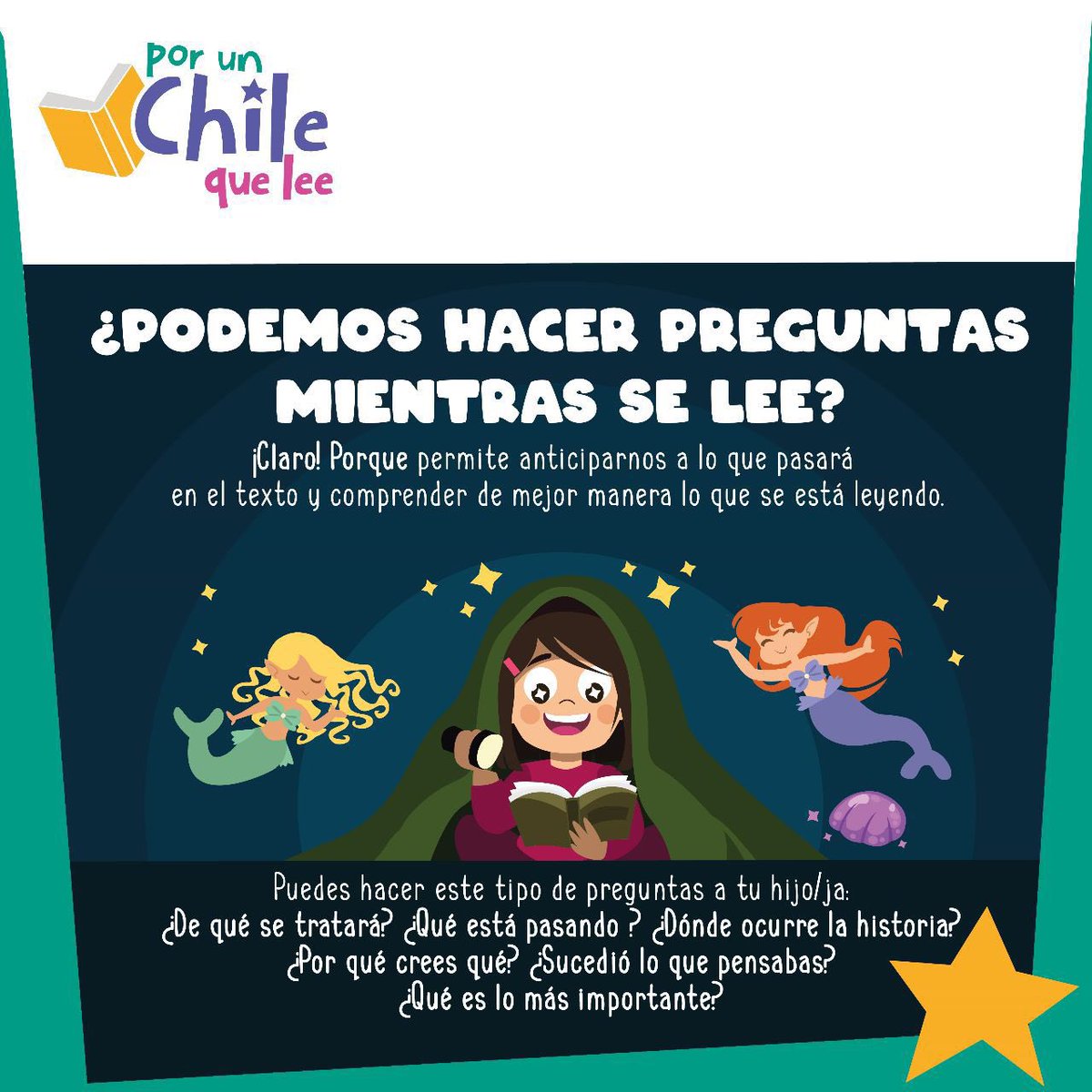 #IncentivemosLaLectura ¡Pregúntales a tus hijos/as mientras leen! Esto les permitirá anticiparse a lo que ocurrirá en el texto 🫣 
Preguntas como: ¿De qué tratará? ¿Qué está pasando? Los ayudarán a comprender de mejor manera lo que están leyendo. ☝🏻
Gracias @fundacion_cmpc