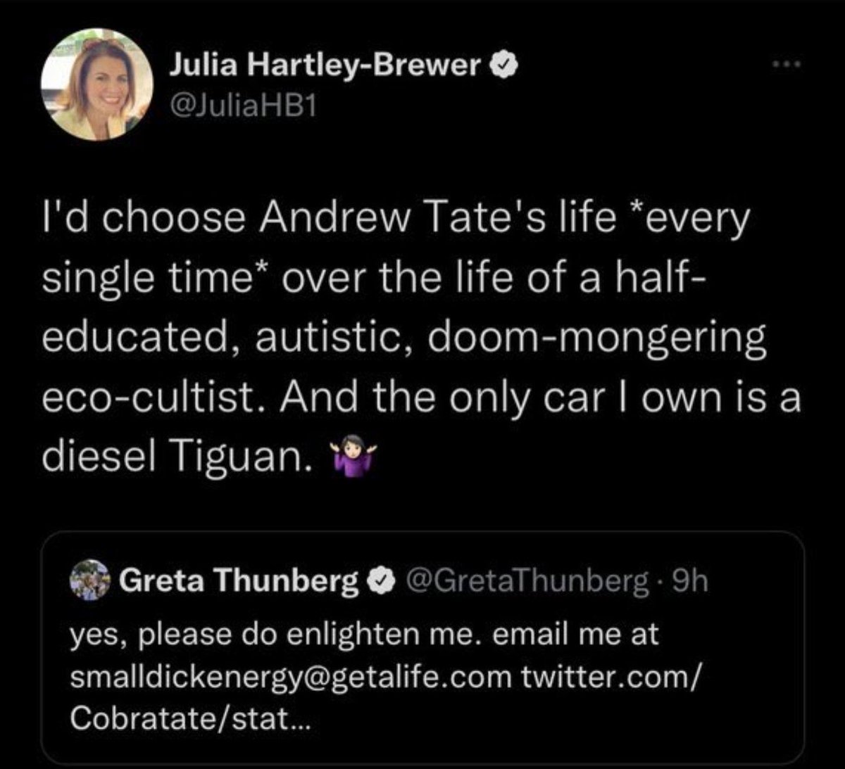 JaneyGodley's tweet photo. Wonder if Julia has heard that the guy she reveres has just been arrested for human trafficking? #autism #AndrewTate https://t.co/wAm2Yj48PN