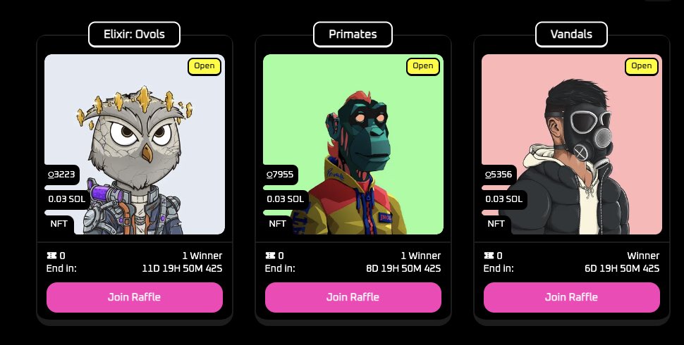 Hey gang how are u doing? 🛸
We have 3 ACTIVE RAFFLES on our page 🔥

✅ 1 NFT <a href="/ElixirNFT/">Elixir</a>
✅ 1 NFT <a href="/Primatesnft/">Primates🌿</a> 
✅ 1 NFT <a href="/VandalCityCorp/">VNDLS</a> 

market.bizarreplatypus.io

Don't miss your chance to win, buy your tickets using $CYRUS 🔥
Good luck to you all! 

#Raffles #Solana #NFT