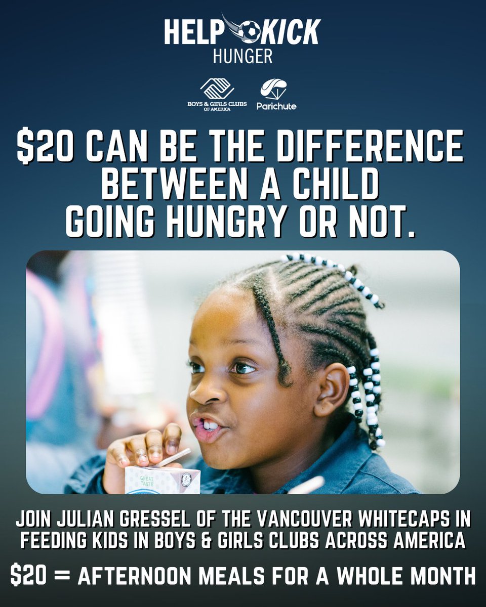 parichuteapp's tweet photo. No child should ever go hungry--just $20 ensures that they won't. 

Donate to @JulianGressel's  #HelpKickHunger booster on Parichute to feed kids in Boys &amp; Girls Clubs (@BGCA_Clubs) across America and your donation will be matched through December 31.🗣
👉https://t.co/WBCyXfKaaG https://t.co/qjT4xYwDgx