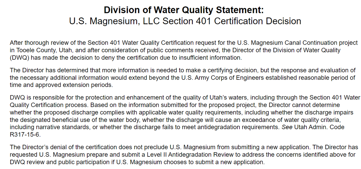 BREAKING: <a href="/UtahDEQ/">Utah DEQ</a> just denied US Magnesium's permit to extend its intake canals on the Great Salt Lake. Story to come ...