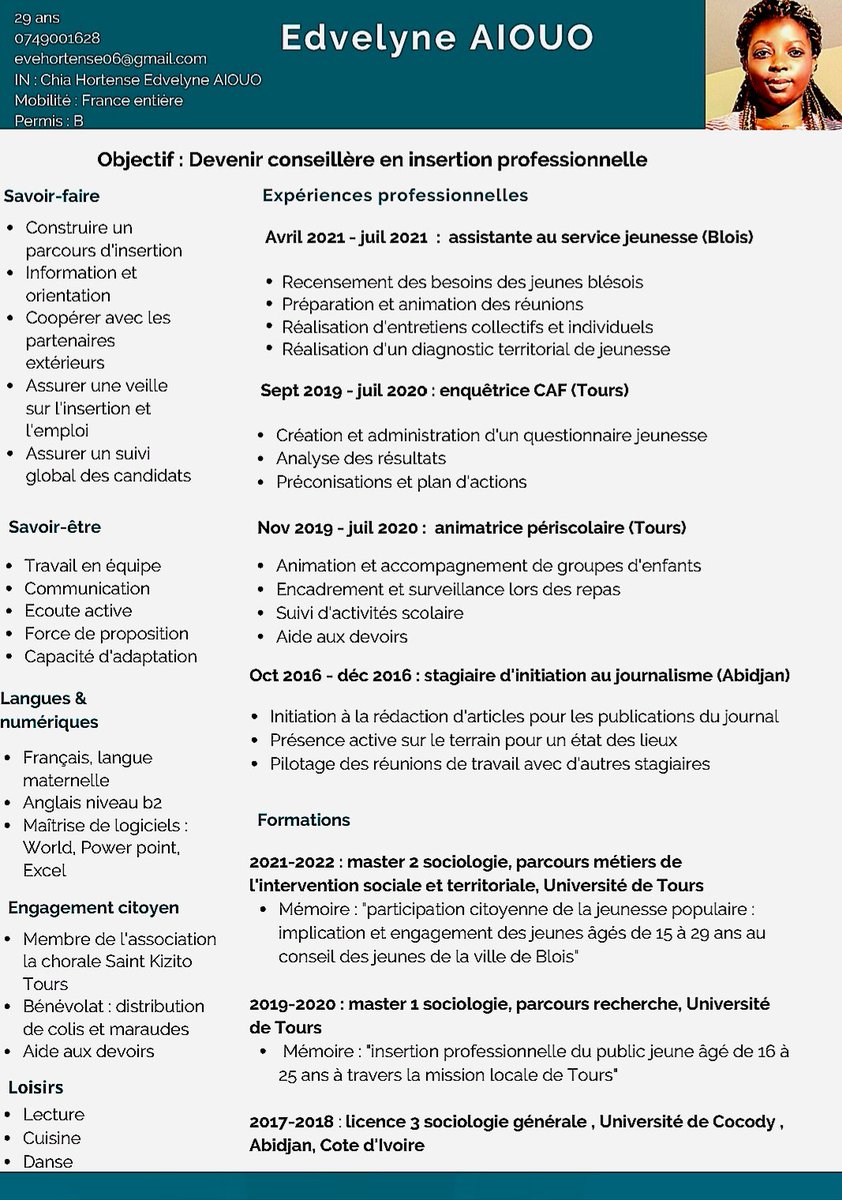 [#recrutement]
Edvelyne, #Jeune diplômée master 2 sociologie métiers de l'intervention sociale et territoriale recherche #Emploi : 
✅Conseillère en insertion professionnelle
✅Mobile France entière 
✅Motivation 🔝
...
❤/🔄 SVP, ça ne coûte rien.
#1jeune1solution #1jeune1mentor