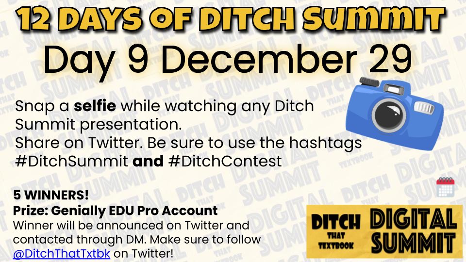 DitchThatTxtbk's tweet image. 🚨It&apos;s Day 9 of 12 days of #DitchSummit! 

Snap a selfie🤳 watching any session. 

Share on Twitter

Use the hashtags #DitchSummit &amp;amp; #DitchContest

🎉See prizes &amp;amp; info at bit.ly/12DaysofDitchS…