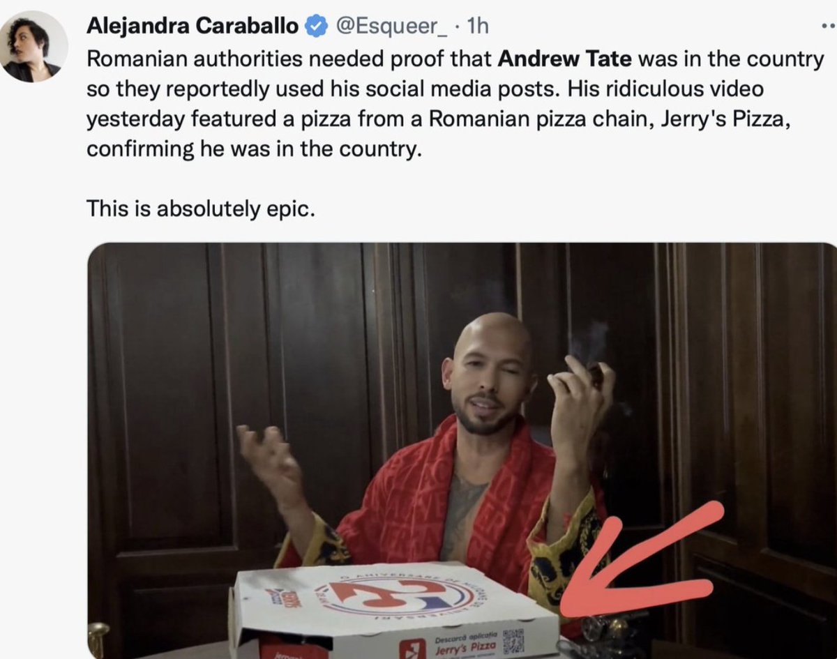 RayRedacted's tweet photo. Today, in OpSec Failure History:

1. Andrew Tate attacks Greta Thunberg.
2. Greta absolutely owns Andrew in a reply.
3. Andrew is so upset he releases a response video.
4. The pizza box shows where he is, and he is arrested for prior warrants for abduction of girls. https://t.co/u4VqxTnhDz
