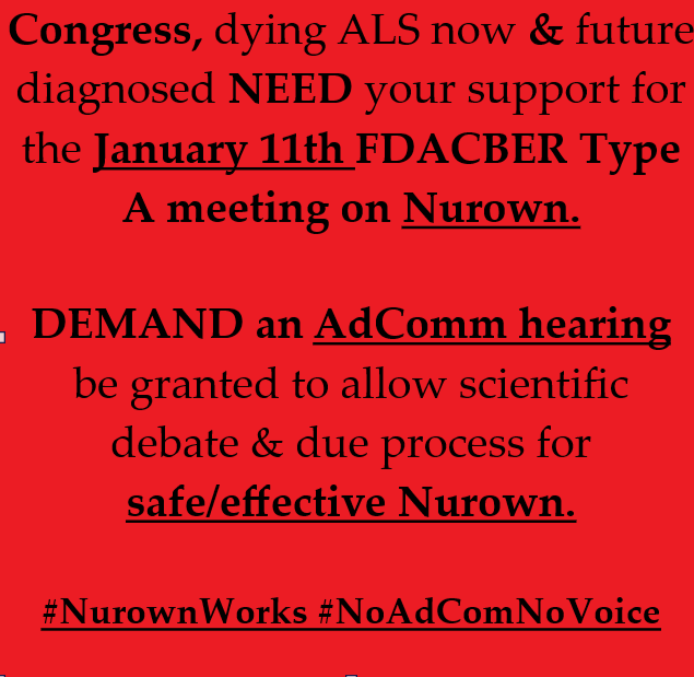 .@RepAnnaEshoo, there's an appropriate fear in the #ALS community that <a href="/FDACBER/">FDA Biologics</a> will deny an AdComm hearing for safe/effective #Nurown

ALS doesn't have powerful Big Pharma allies

We NEED Congress to help END the CRUEL #FDA regulatory RIGIDITY for 100% fatal ALS. #NoAdComNoVoice