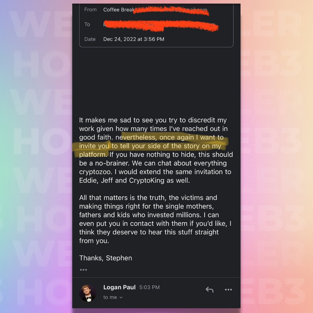 Coffeezilla has called on Logan Paul to address the Cryptozoo controversy in a series of tweets 👀 👀

The two creators have both invited each other to their platforms to discuss the allegations and provide clarity to the #NFT community 🎨

Thoughts?? 📣 #nftnews #crypto