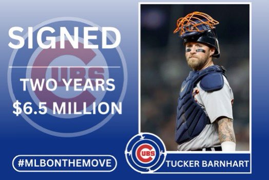 MLB Roster Moves (@mlbrostersmoves) on Twitter photo .<a href="/Cubs/">Chicago Cubs</a> sign C Tucker Barnhart to a two year $6.5 million contract #MLBOnTheMove #HotStove .<a href="/Cubs/">Chicago Cubs</a> sign C Tucker Barnhart to a two year $6.5 million contract #MLBOnTheMove #HotStove