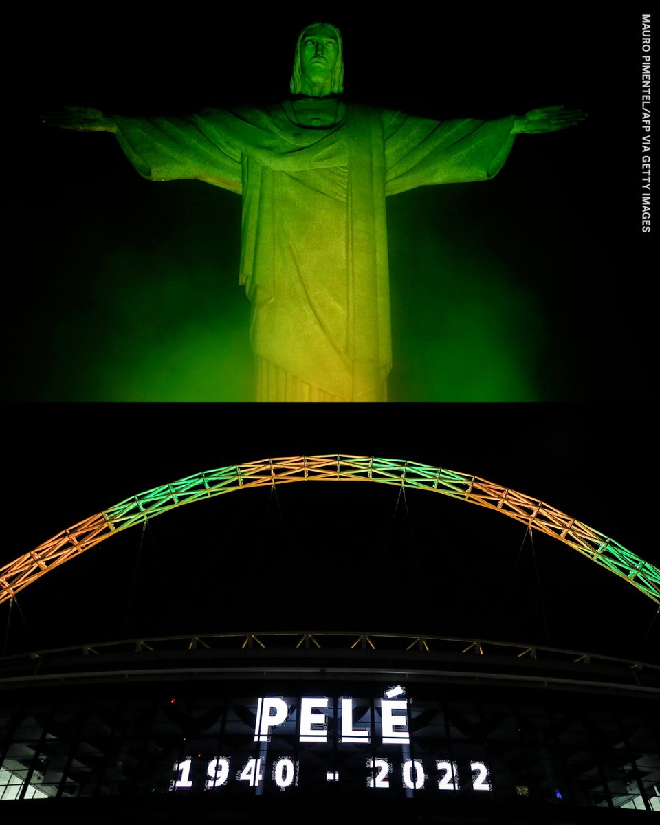 The Christ the Redeemer statue in Rio and Wembley Stadium in London is lit with the colors of the Brazilian flag in tribute to Pelé 💚💛