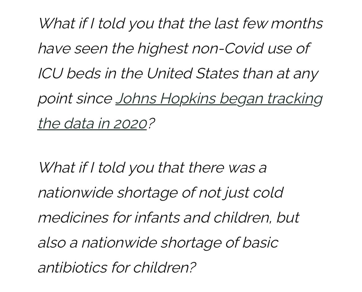 EpsilonTheory's tweet photo. We have an epidemic of childhood respiratory illnesses and a horrific shortage of baby formula, children medicine and antibiotics.

It’s insane this isn’t leading every MSM news channel morning, noon and night. It’s insane the WH gets a pass on this. https://t.co/0v6KhJOhL4
