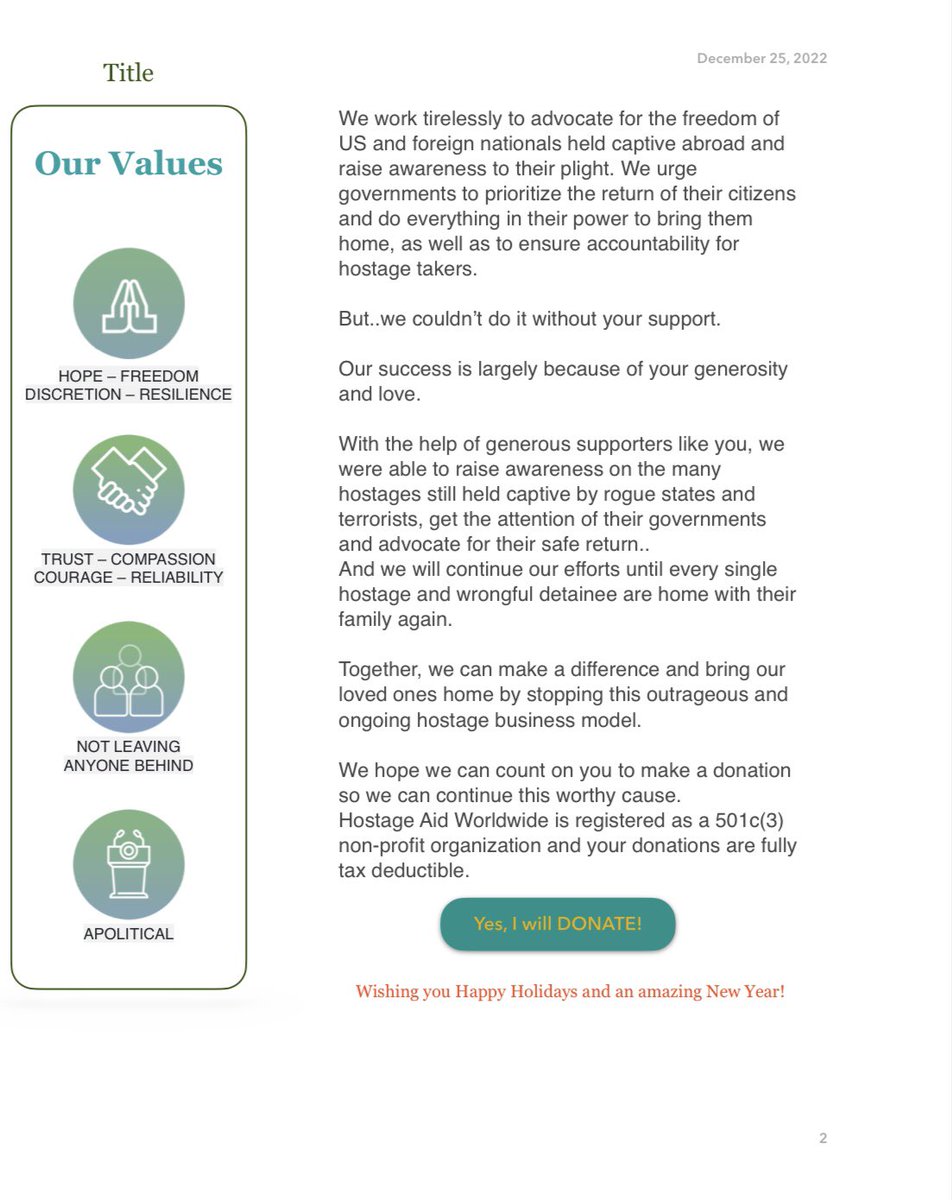 This holiday season, please consider donating to our cause.

With your support, we can continue the fight until all our loved ones unlawfully detained abroad are back home. Together, we can make a difference.

Any contribution is appreciated 🙏
hostageaid.org/donation/