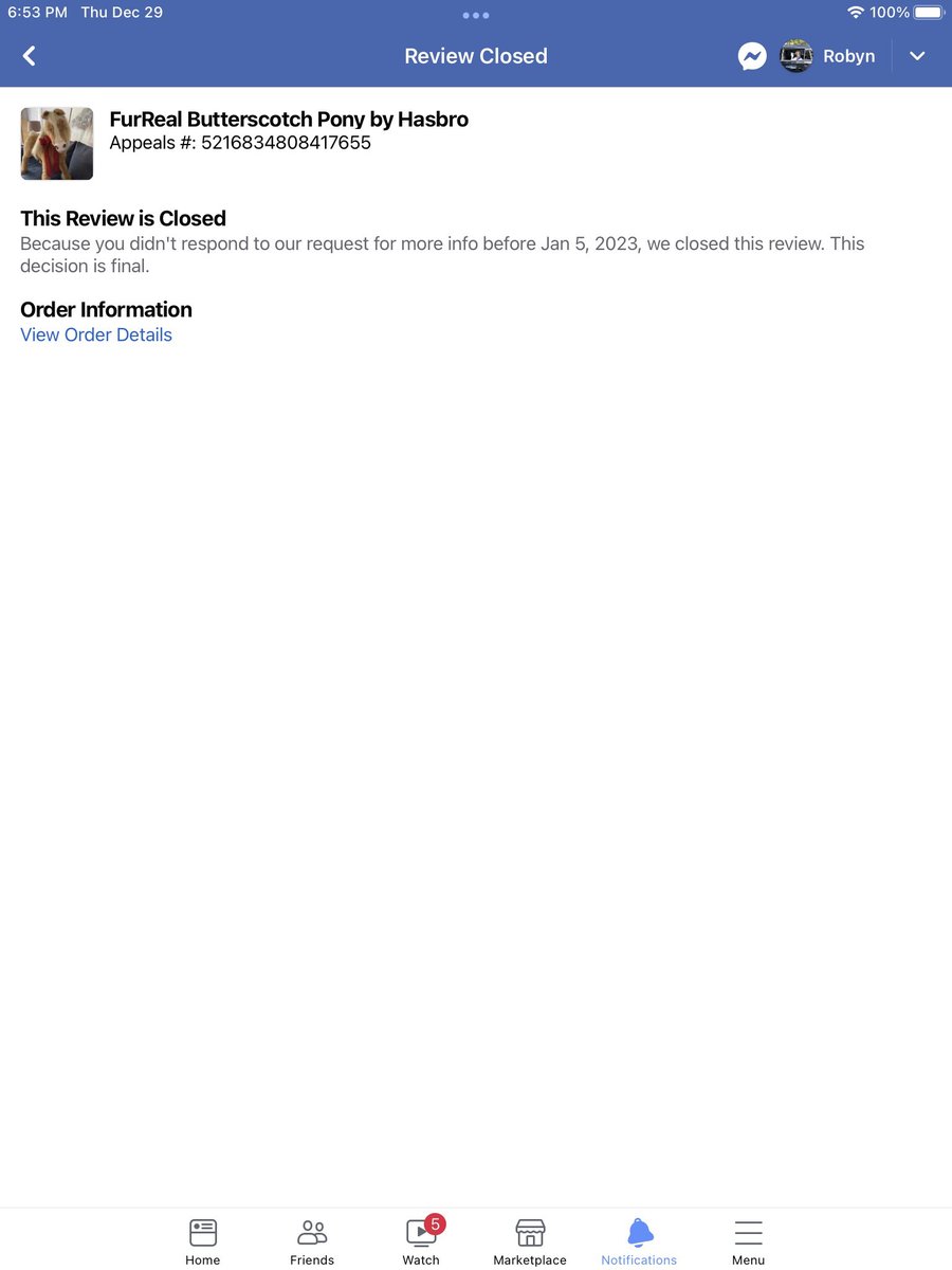 PeckRobyn1's tweet photo. @facebook Why were these cases closed? To my knowledge, January 5, 2023 hasn’t come yet. Added picture of buyer admitting she kept pending my item. Some bot isn’t doing its job correctly! @Meta @MarkZucherberg https://t.co/H3B1EhJ1mr