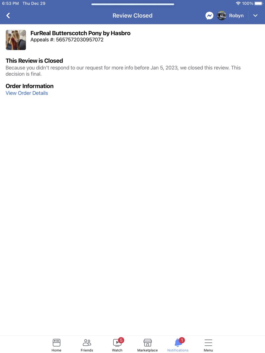 PeckRobyn1's tweet photo. @facebook Why were these cases closed? To my knowledge, January 5, 2023 hasn’t come yet. Added picture of buyer admitting she kept pending my item. Some bot isn’t doing its job correctly! @Meta @MarkZucherberg https://t.co/H3B1EhJ1mr