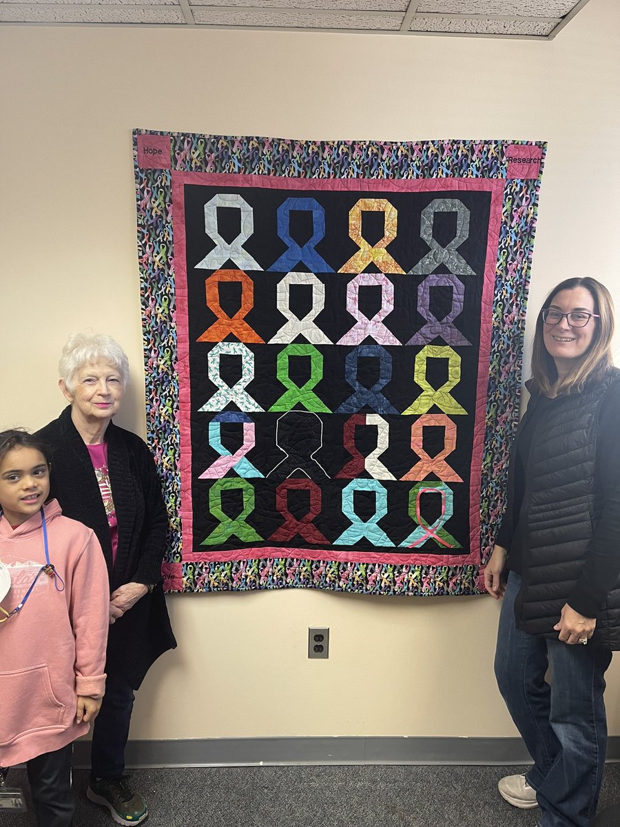 KoblinskiLab's tweet image. My Mom made me this quilt representing awareness of many different type of cancer. Today we hung it my office @VCUMassey. This reminds me of all those suffering from all these different types of cancer and how we are one team, one fight researching for patients with cancer.