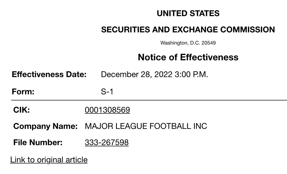 It appears MLFB’s S1 has been put into effect. They have agreements for two equity line financing deals. The league had players removed from their training camp hotels in Mobile, AL in late July 2022 due to non-payment by the league. The league says they will play in 2023.